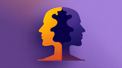 Metaphorical concept of mental health with double profile head silhouette expressing bipolar disorder, psychological conflict and dual mind identity.