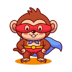 Cute Cartoon Monkey Superhero Standing Proudly With Red Mask Blue Cape And Red Suit