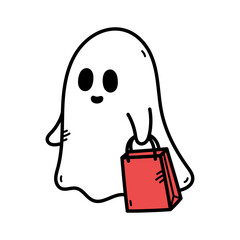 Cute cartoon ghost carrying a red shopping bag on a transparent background