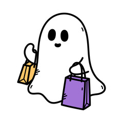 Cute cartoon ghost character holding shopping bags on a transparent background with simple facial features and black outlines