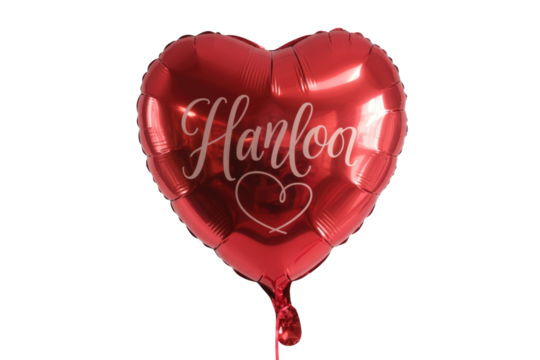 Red heart-shaped balloon with the word 'Hanloon' and a small heart. background removed
