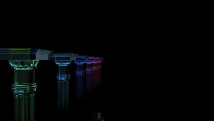 3D neon glass columns in perspective on black, futuristic architectural pedestals with blue cyan magenta lighting for sci‑fi product showcase