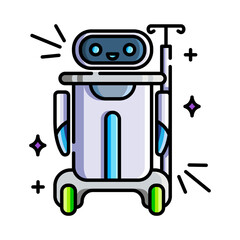 Cute cartoon medical robot with friendly eyes and smiling face holding IV pole on transparent background with sparkling effects