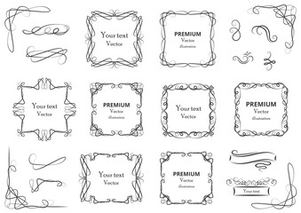 Calligraphic design elements . Decorative swirls or scrolls, vintage frames , flourishes, labels and dividers. Retro vector illustration