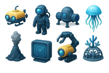 3D Ocean Icons. Ocean depths icons in 3D color style: submarine drone, deep-sea diver, underwater base, glowing jellyfish, hydrothermal vent, sonar