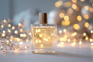 Elegant perfume bottle with golden liquid, surrounded by bokeh lights, creating a luxurious and festive atmosphere for a refined lifestyle.