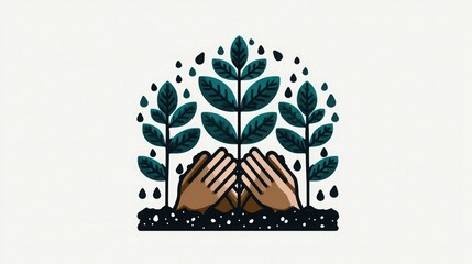 Caring hands nurture vibrant green saplings under falling raindrops, symbolizing growth, nature, and new beginnings in a clean, modern style.