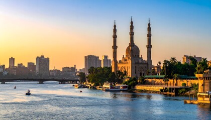 Obraz premium Historic Mosque on the River at Sunset