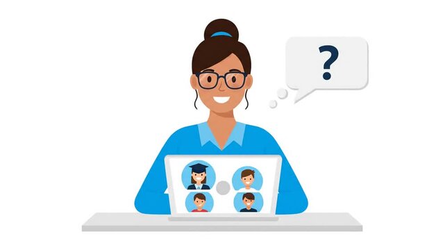 Animated Woman with Laptop Waves Hello, Thinking Bubble Shows Green Checkmark