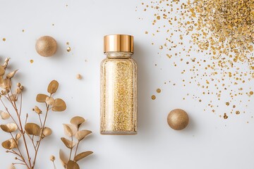 A luxurious still life featuring a golden glitter-filled bottle, spheres, and plant on a clean white background, perfect for festive celebrations.