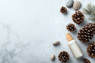 A minimalist flat lay composition featuring a cosmetic bottle, pine cones, and stones on a light marble background, conveying a sense of natural beauty.