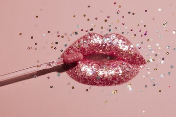 A glamorous close-up of glittery pink lips with a makeup brush, surrounded by shimmering confetti on a pink background.