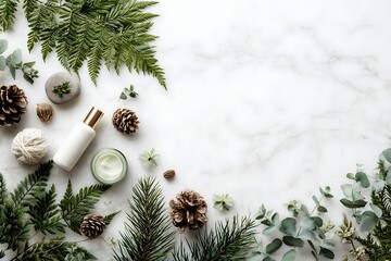 A serene flat lay composition featuring natural skincare products, pine cones, ferns, and eucalyptus leaves on a white marble background, evoking a sense of wellness.