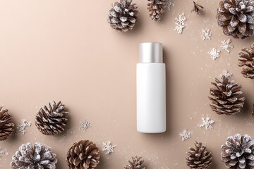 Elegant winter skincare product presentation with white bottle, pine cones, and snowflakes on a beige background, perfect for holiday promotions.