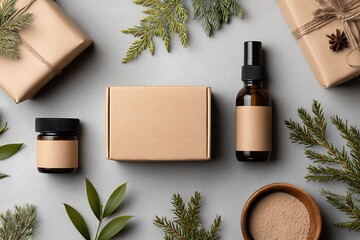 A minimalist flat lay featuring gifts, cosmetic containers, and natural elements, perfect for showcasing organic skincare and wellness products.