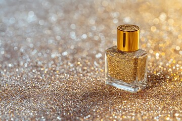 A luxurious golden glitter nail polish bottle stands out against a shimmering, bokeh-filled background, radiating elegance and festive glamour.