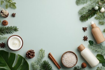 A flat lay composition featuring natural cosmetics, skincare products, and festive elements on a light green background, perfect for a spa or wellness theme.