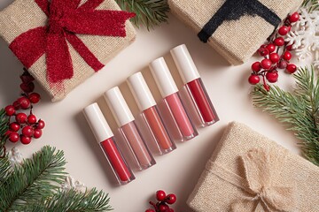 A festive flat lay featuring an assortment of lip glosses, beautifully wrapped gifts, and seasonal decorations for a glamorous holiday celebration.