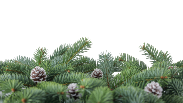 Christmas evergreen branches with pine cones on a transparent background. background removed