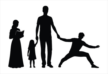 Silhouette of a family with a mother holding a book, father holding a childs hand, and a man doing a martial arts pose