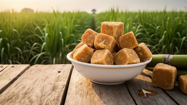 Natural Jaggery Cubes Piled in a White Bowl with Fresh Sugarcane Stalks on Rustic Wooden Table Against a Sugarcane Field Background During Golden Hour Sunrise with Soft Sunlight and Lens Flare
