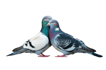 Two pigeons, one white and one bluish-gray, nuzzle together affectionately on a transparent background. background removed