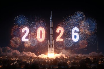 Space rocket launch with glowing 2026 fireworks bursting in the sky