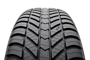 Close-up view of a tire's tread pattern, showcasing its deep grooves and robust construction. background removed