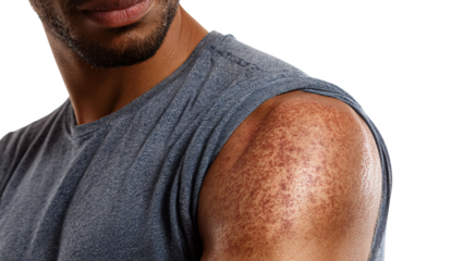 PNG of Close-up of a muscular male's arm showcasing skin with a reddish condition and defined muscles.