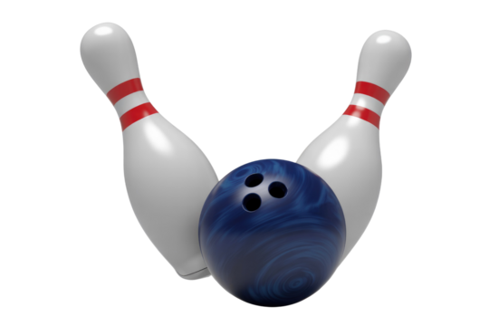 A blue bowling ball knocks down two white and red bowling pins on a transparent background. background removed