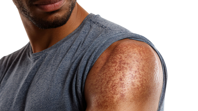 PNG of Close-up of a muscular male's arm showcasing skin with a reddish condition and defined muscles.
