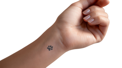 PNG of A close-up of a woman's hand with a small black paw print tattoo on her wrist, showcasing a unique personal expression.