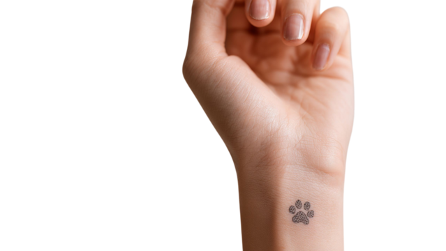 PNG of A close-up of a light-skinned hand with a cute paw print tattoo on the wrist, symbolizing love for pets.
