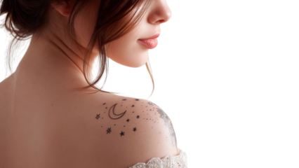 PNG of A young woman with a moon and stars tattoo on her shoulder, exuding a serene and ethereal vibe in soft lighting.