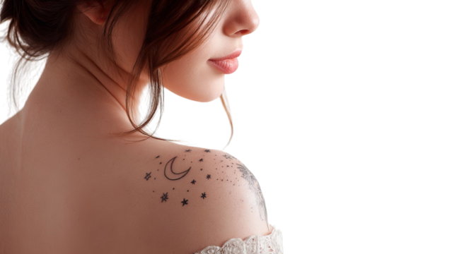 PNG of A young woman with a moon and stars tattoo on her shoulder, exuding a serene and ethereal vibe in soft lighting.