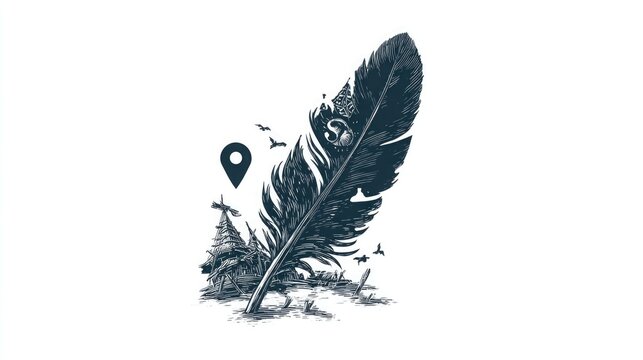 Unique hand-drawn feather illustration for travel blog or adventure brand with rustic charm and wanderlust appeal makes an eye-catching logo or design element