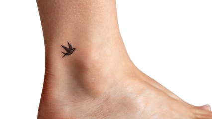 PNG of A delicate black tattoo of a flying bird on a woman's ankle, symbolizing freedom and individuality.