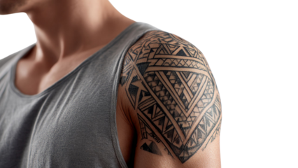 PNG of Close-up of a young man's shoulder showcasing intricate tribal tattoos.
