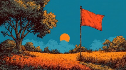 Serene sunset with vibrant red flag waving over golden field, under a calming blue sky, perfect for motivational themes or countryside inspiration