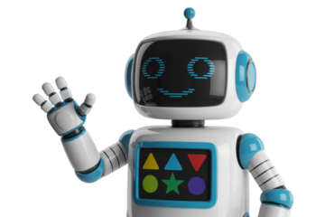 Friendly robot waving hello with a happy face on its screen. background removed