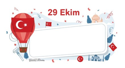 29 ekim celebration, turkish republic day design with hot air balloon and national symbols