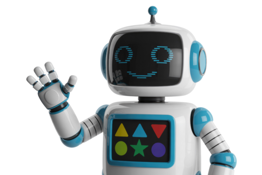 Friendly robot waving hello with a happy face on its screen. background removed - Powered by Adobe