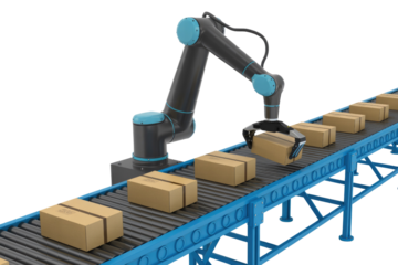 Robotic arm sorting cardboard boxes on a conveyor belt in an automated warehouse. background removed