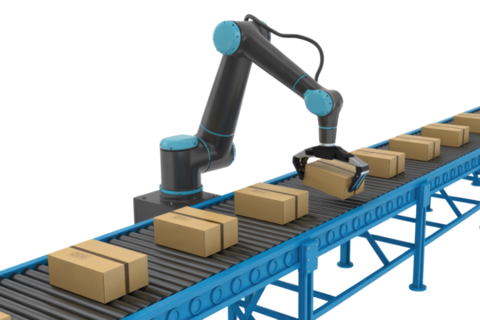Robotic arm sorting cardboard boxes on a conveyor belt in an automated warehouse. background removed