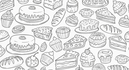 A seamless background pattern featuring various desserts and pastries in a hand-drawn doodle style
