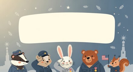 Fototapeta premium Cute animal police officers saluting with blank space for text or design