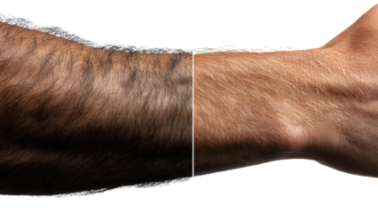PNG of A close-up of two contrasting male arms, showcasing varying hair textures and skin tones in a unique split view.