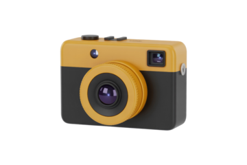A yellow and black 3D model of a vintage camera, isolated on a transparent background. background removed