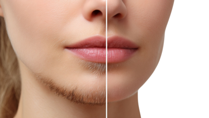 PNG of A close-up of a woman's face, showcasing contrasting facial hair styles on each side, highlighting individuality and expression.