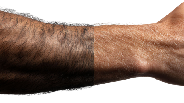 PNG of A close-up of two contrasting male arms, showcasing varying hair textures and skin tones in a unique split view.